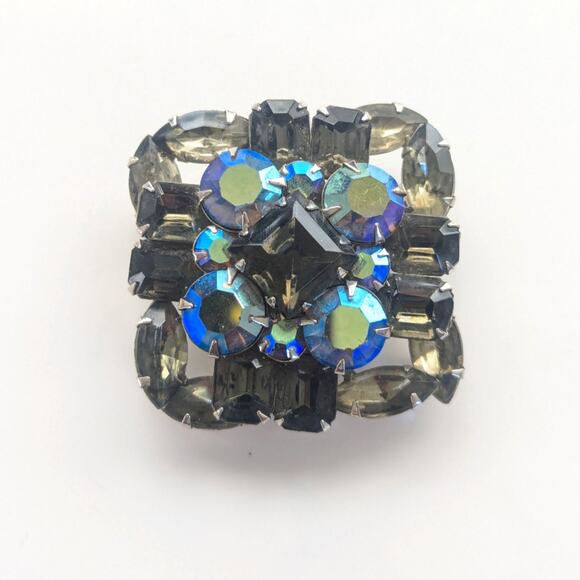 Vintage Judy Lee Silver Tone Prong Set Smokey AB Rhinestone Cluster Brooch - Picture 1 of 4